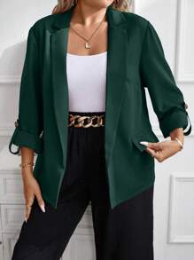 Celure Chaqueta de blazer elegante de oficina de unicolor con mangas con puño para mujeres de talla grande, primavera otoño - Verde Oscuro - Ver 5