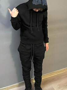 Manfinity Dauomo Men's 2pcs Outfit Set - Letter Print Hooded Sweatshirt And Drawstring Sports Pants - Black - View 1