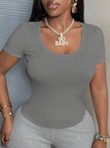 Slaydiva Camiseta básica casual de manga corta, ajustada y acanalada con estiramiento para mujer, camiseta de verano