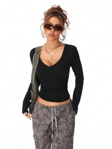 Coolane 女式秋冬休闲针织羊毛 V 领 T 恤 - 黑色 - 查看 7