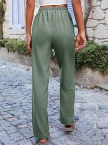 EURMUSE Solid Straight Leg Trousers - Green - View 2