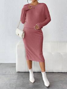 SHEIN 孕婦純色羅紋針織 T 恤和可調節腰部裙子套裝 - 藕粉色 - 查看 6