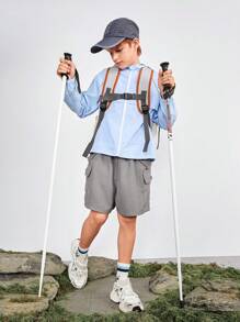 SHEIN Jaqueta esportiva com capuz para adolescentes com bolsos, resistente à água e à abrasão, para caminhadas, acampamentos, pesca, azul claro