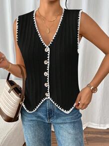 SHEIN Frenchy Áo len dệt kim dáng rộng giản dị họa tiết hoa mùa xuân hè dành cho nữ, màu đen - màu đen - Xem 5