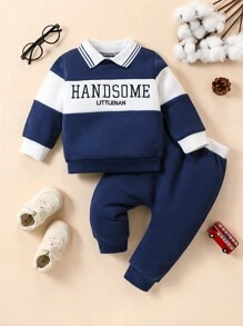 SHEIN 男宝宝休闲撞色字母刺绣polo领卫衣运动裤套装可爱学院风适合宝宝秋冬季外出拍照参加聚会 - 藏蓝色 - 查看 8