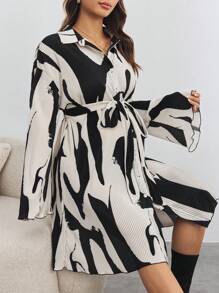 SHEIN Maternity Allover Print Belted Shirt Dress - Black and White - View 5