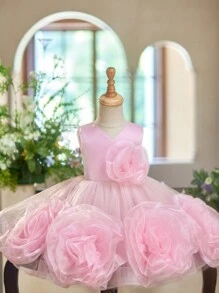 SHEIN Glamorique Kids 女童圣诞公主粉色 3D 花卉网眼薄纱露露派对礼服、婚礼、派对 - 粉色 - 查看 3