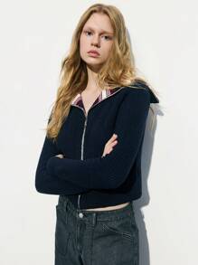 Maija Women's Collegiate Chic Casual Comfortable Fitted Zippered Collared Sweater - Navy Blue - View 5