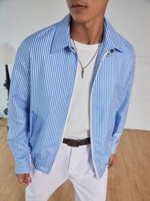 Manfinity Hypemode Chaqueta con cremallera de manga larga a rayas azules y blancas para hombre, para primavera/otoño