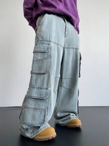 Manfinity Roghcode Y2K Vintage Streetwear 男士浅蓝色洗水牛仔裤多口袋宽松阔腿宽松牛仔裤纯色浅蓝色洗水工装牛仔裤，适合送给老公、男朋友的礼物 - 淺色水洗藍 - 查看 1