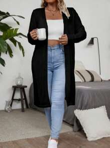 SHEIN Plus Size Women's Solid Color Long Sleeve Open Front Casual Maxi Black Sweater Cardigan For Autumn/Winter Fall Cloth For Women