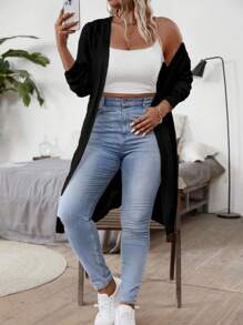 SHEIN Plus Size Women's Solid Color Long Sleeve Open Front Casual Maxi Black Sweater Cardigan For Autumn/Winter Fall Cloth For Women