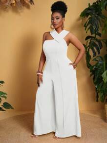 Veslaya Bộ đồ liền thân ống rộng rộng thùng thình mùa hè cho nữ cỡ lớn - trắng - Xem 1