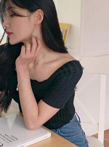 DAZY 女式方领短款修身短袖 T 恤，秋季 - 黑色 - 查看 7