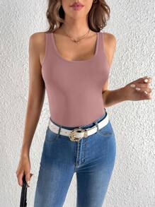 SHEIN Tall Camiseta de tirantes ajustada de unicolor con escote de pala para mujer en verano - Rosa vieja - Ver 1