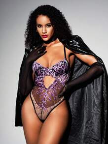 SHEIN 女士全身印花透明网眼镂空无袖连身裤 - 紫色 - 查看 5