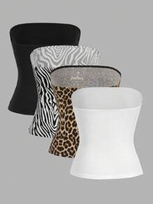 SHEIN EZwear 4 件套女士时尚动物印花抹胸，夏季 - 黑與白 - 查看 2