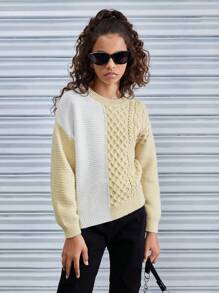 Jersey casual para niña preadolescente con cuello redondo y ajuste holgado, bloque de colores, otoño/invierno - Caqui - Ver 6