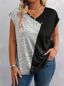 EMERY ROSE 加大號v領鈕扣裝飾撞色t恤 - 灰色 - 查看 1