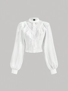 SHEIN MOD 女士白色长袖荷叶边领结泡泡袖衬衫 - 白色 - 查看 1