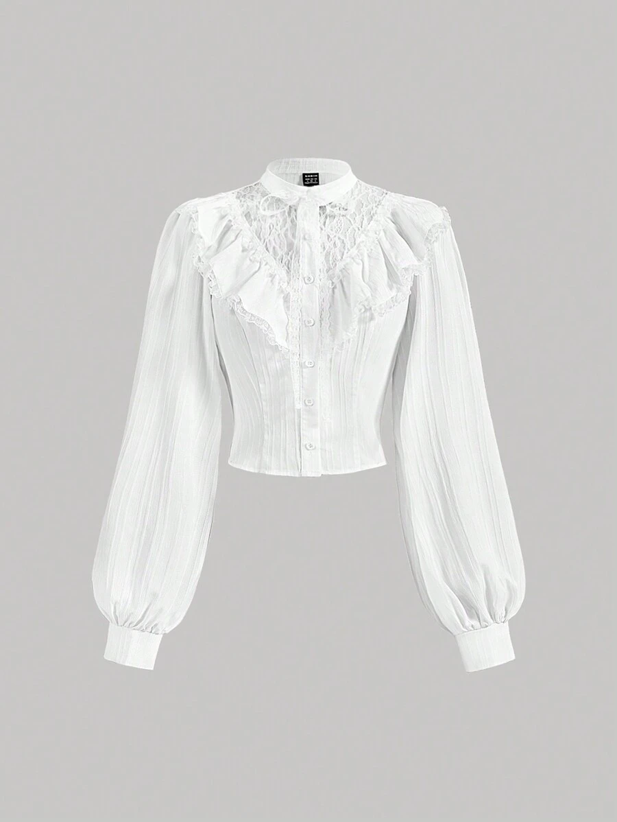 SHEIN MOD 女士白色长袖荷叶边领结泡泡袖衬衫 - 白色 - 查看 1