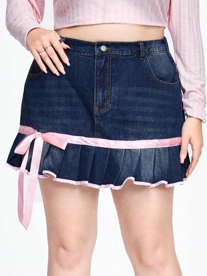 Kawaii تنورة جينز من الخط A مكرمة بشريط عقدة الفراشة للمقاسات الكبيرة