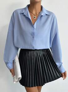 Cottnline 1pc Solid Drop Shoulder Button Front Shirt - Baby Blue - View 3