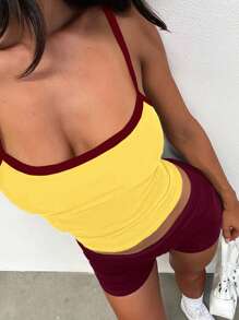 SHEIN BAE Women's Summer Casual Color Block Trim Yellow Camisole Top And Shorts 2Pcs Set - Multicolor - View 1