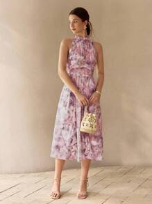 MOTF PREMIUM Vestito midi con vita arricciata, balze e stampa floreale all-over, outfit da donna