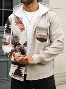 Manfinity Homme Plus Size Men's Geometric Print Drawstring Hooded Casual Shacket, Spring Autumn - Multicolor - View 3