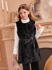 Tween Girls Sleeveless Fluffy Jacket With Belt, Warm And Elegant Autumn Winter - Black - View 5
