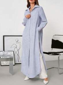 SHEIN Clasi Women's Autumn Versatile Shirt Collar Button-Down Loose Fit Vacation Style Casual Shirt,Pastel Dresses For Women - Blue and White - View 2