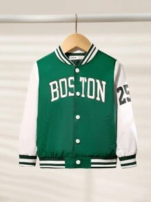 SHEIN Chaqueta ligera de estilo coreano informal para niños y niños pequeños con estampado de letra y gráfica, mangas de contraste, cuello de béisbol, frente abierto, adecuada para ir y venir, escuela, uso diario casual, vacaciones, deportes, primavera, verano, otoño e invierno, tipo bomber - Verde - Ver 5