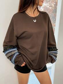 SHEIN EZwear 复古撞色荷叶边下摆休闲套头衫 - 棕色 - 查看 3