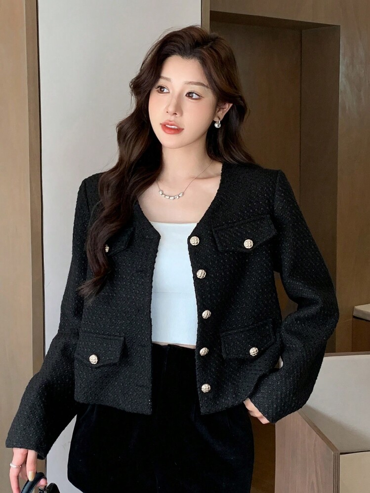 DAZY 女士纯色纽扣装饰大衣，秋装女士夹克背心 - 黑色 - 查看 9