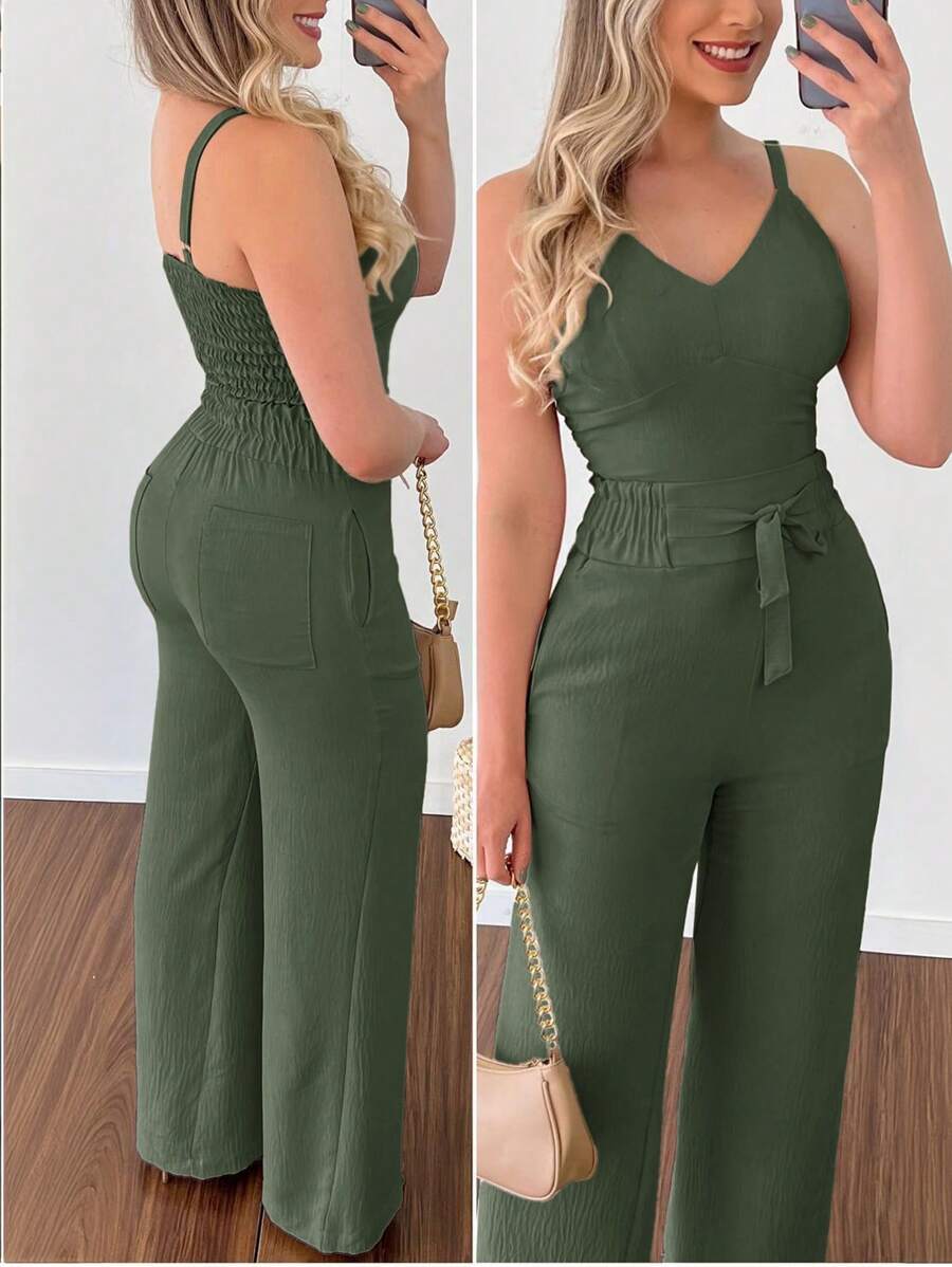 EMERY ROSE 2pcs Women Summer Casual Solid Color Spaghetti Strap Top And Tie Waist Pants Set - Army Green - View 1