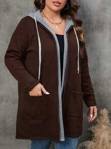 SHEIN LUNE Plus Dual 冬季女装口袋抽绳连帽外套 - 棕色 - 查看 4