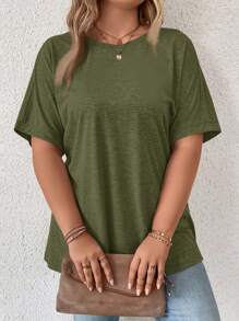 EMERY ROSE 大码纯色圆领口袋休闲短袖 T 恤女式上衣秋季服装