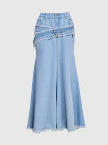 ROMWE Grunge Punk Falda vaquera larga ajustada con hebilla con forma de corazón en la cintura y cola de pez para mujeres - Celeste - Ver 1