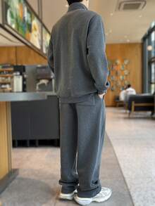 Claim Dot 男士纯色拉链半襟休闲运动衫和运动裤宽松套装，春秋季 - 深灰色 - 查看 2