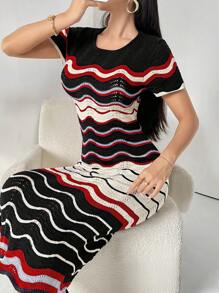 Modelyn Women Wave Pattern Short Sleeve Sweater Dress