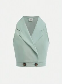 SHEIN Nova Glow 2pcs Tween Girls' Collared Vest And Pants Set - Mint Green - View 6