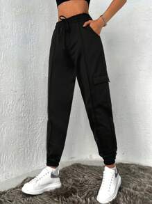 Cottnline Drawstring Waist Flap Pocket Joggers - Black - View 5