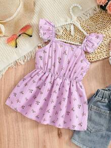 SHEIN 年轻女孩度假碎花领和短袖可爱衬衫 - 淡紫色 - 查看 1