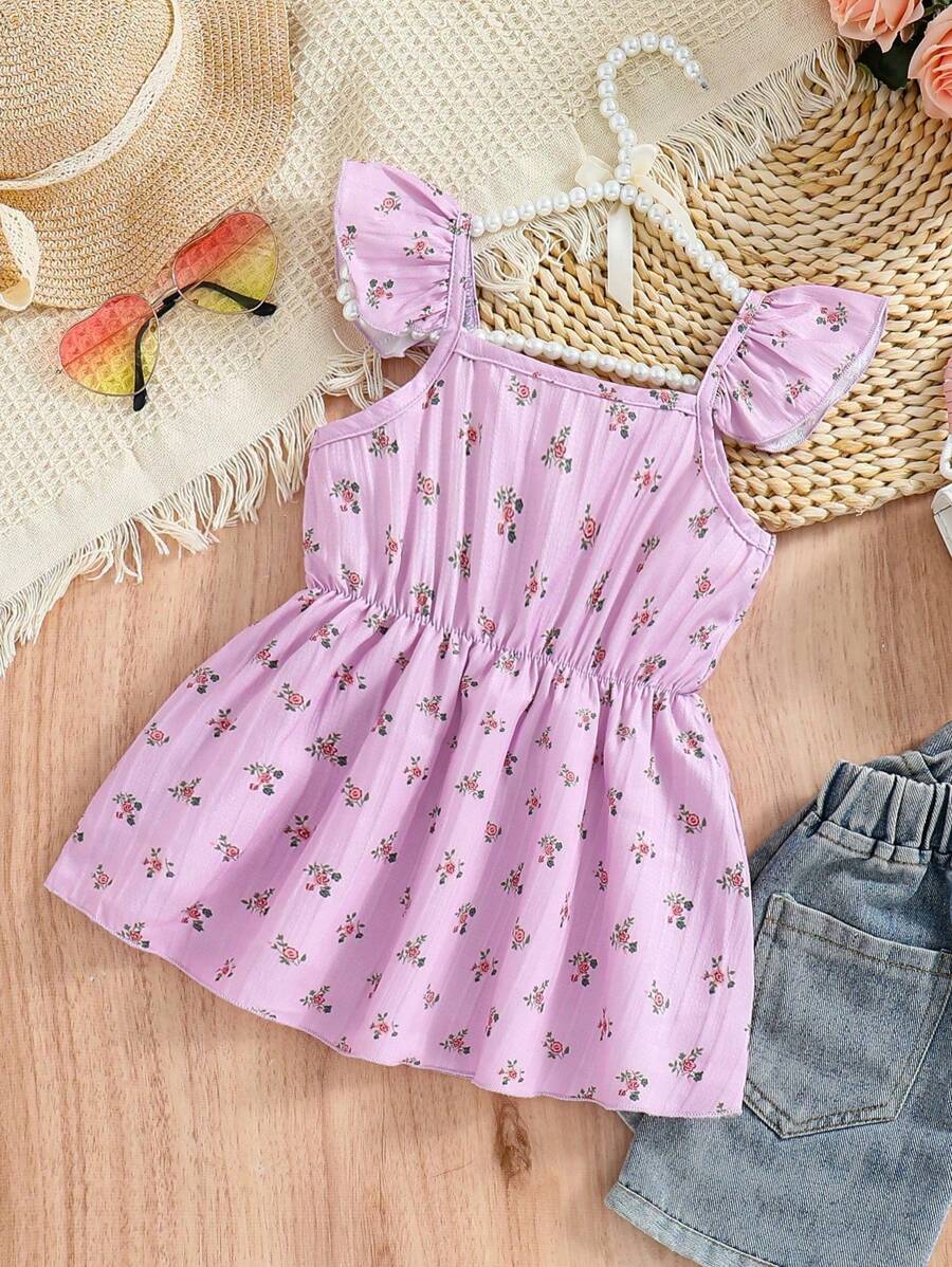 SHEIN 年轻女孩度假碎花领和短袖可爱衬衫 - 淡紫色 - 查看 1