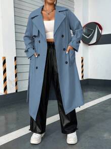 Flirla Plus Size Casual College Style Retro Double-Breasted Lapel Collar Side Pocket Long Trench Coat Fall Winter Cloth For Women Autumn - Dusty Blue - View 7