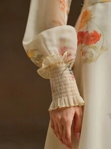 Anewsta 女式 V 领纽扣长袖花卉欧根纱连衣裙长款女装 - 白色 - 查看 3