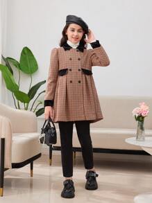SHEIN 少女优雅千鸟格纹腰部拼接领口大衣，暖棕色调，秋冬 - 黑與白 - 查看 5