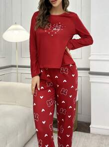 蝴蝶结爱心图案印花圆领长袖上衣和裤子睡衣套装，秋冬舒适优雅细节 - 紅色 - 查看 5