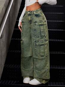 SHEIN ICON Quý cô Cargo Denim Quần jean - Màu xanh lam - Xem 1